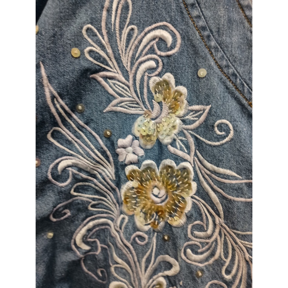 Vintage 90s Focus Denim Jacket Womens One Size Blue Embroidered Sequin Floral - Picture 5 of 9